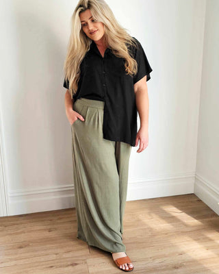 Palazzo Wide Leg Pants in Olive Linen