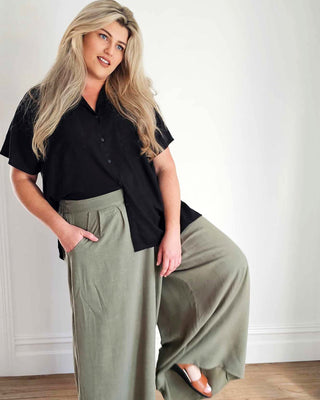 Palazzo Wide Leg Pants in Olive Linen