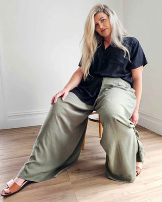 Palazzo Wide Leg Pants in Olive Linen