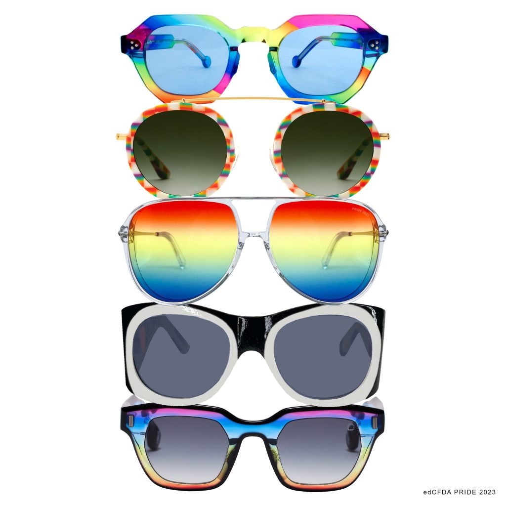 Five pairs of pride-themed sunglasses, stacked vertically.