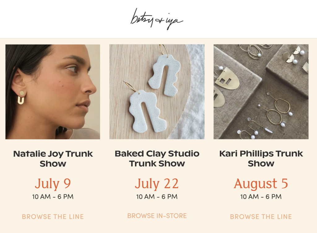 Screenshot from Betsy + Iya's website promoting summer series events.