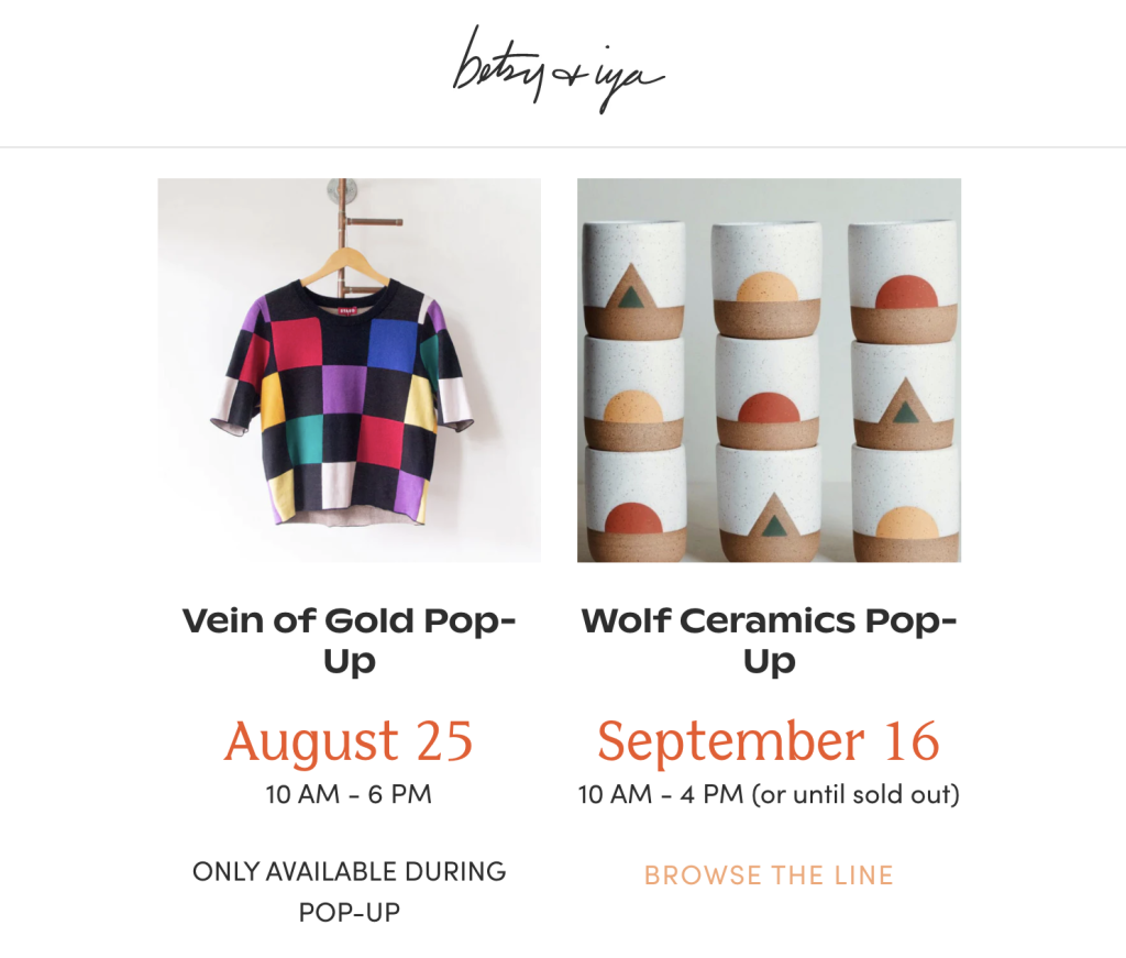Screenshot from Betsy + Iya's website, promoting summer series events.