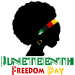 Silhouette, profile of an African-American woman's head and shoulders. She's wearing a natural hairstyle with a yellow, red, black and green headband and heart-shaped earring. Beneath her it says "Juneteenth" in green decorative text and "Freedom Day" in red and yellow.